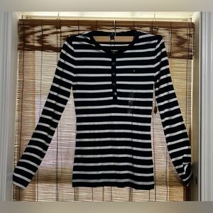 Tommy Hilfiger Blue and White Striped Long Sleeve Tee